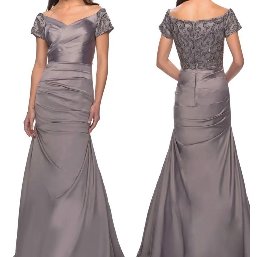 La Femme Gray Off-Shoulder Gown